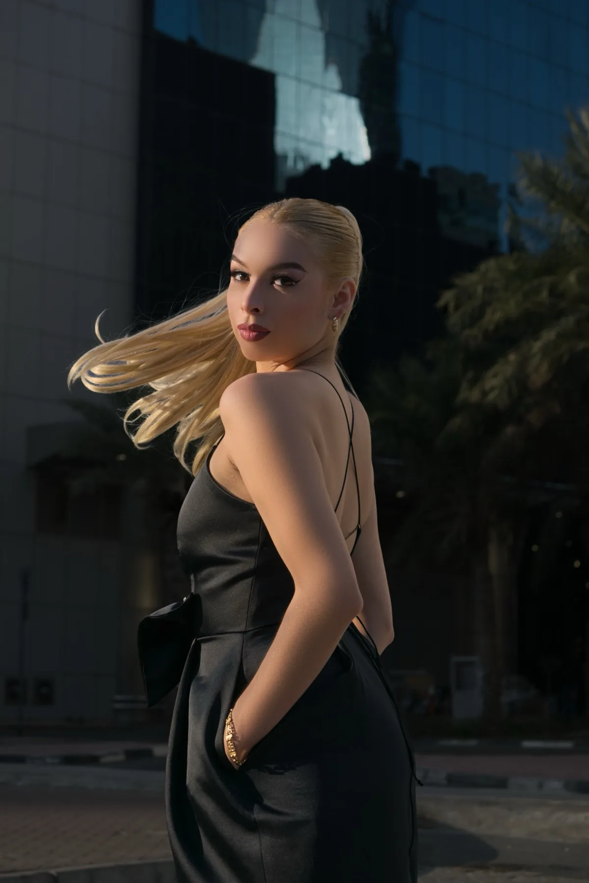 Editorial portrait shoot in DIFC, Dubai at dusk